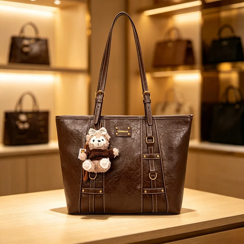 retro-cracked-texture-tote-bag-women-adjustable-shoulder-straps-bear-charm-large-capacity-casual-work-shopping-handbag