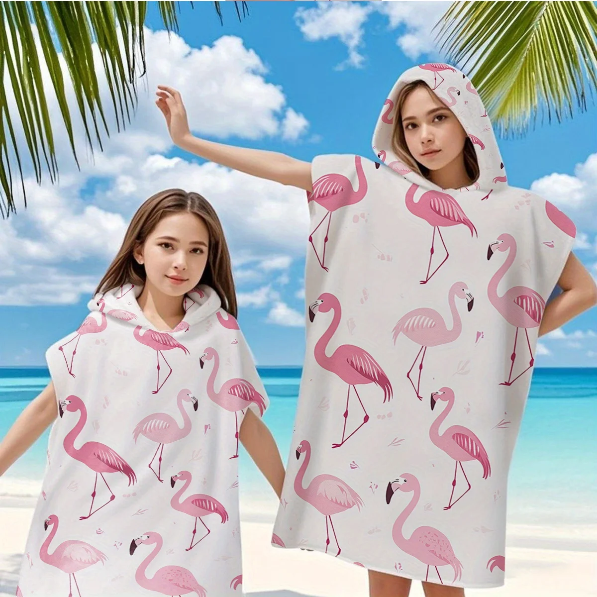 Flamingo Printed Bathrobe Hooded Design Button On the Side Super Absorbent Suit For Beach Pool Seaside Camping For Boy And Girl