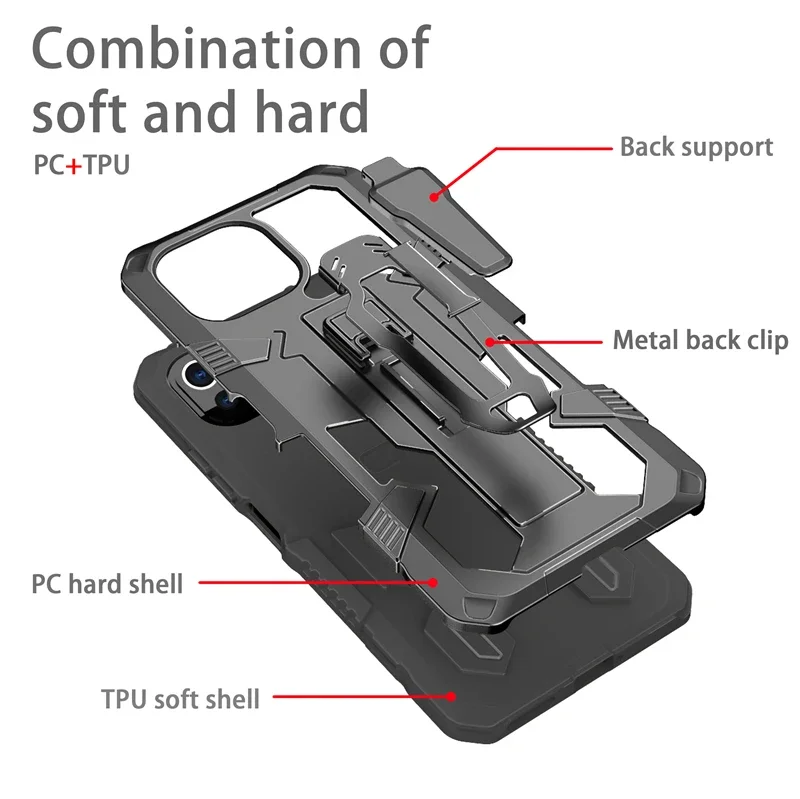 Custodia per telefono antiurto con clip da cintura in metallo per Xiaomi Mi 11 Lite 5G NE 10T 11T Pro TPU Telaio in plastica Cavalletto Cover