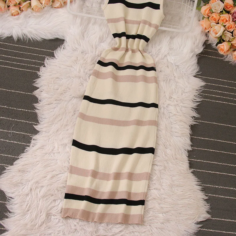 2024 New Summer Chic Stripe O-neck Knit Elastic Bodycon Dress Sexy Beach Vacation Sundress Slim Pencil Vestidos Long Dress