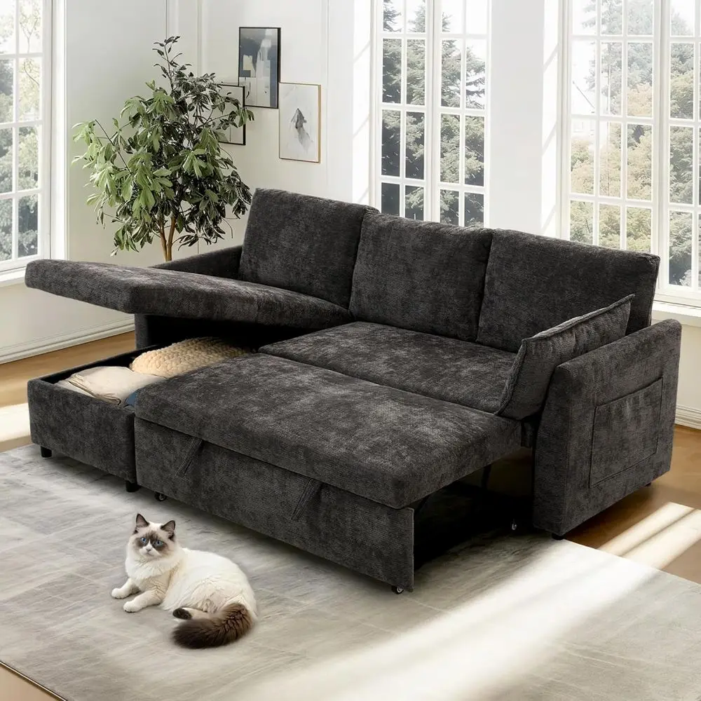 

78 Pull-Out Couch Bed with Storage Chaise, 2-in-1 Convertible Sofa Bed, USB Ports, 3-Seater Sectional Sofa, Easy Assembly, Gray