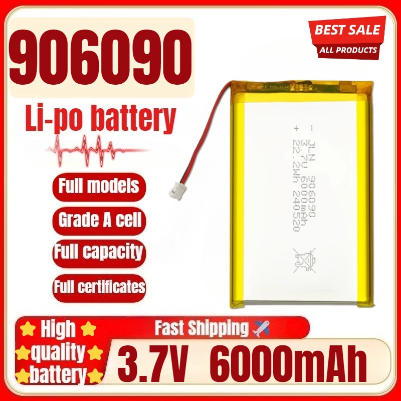 

906090 3.7V 6000mAh Polymer Lithium Rechargeable Battery for DIY Power Bank Bluetooth Speaker Solar Light LED Lamp Toys Game