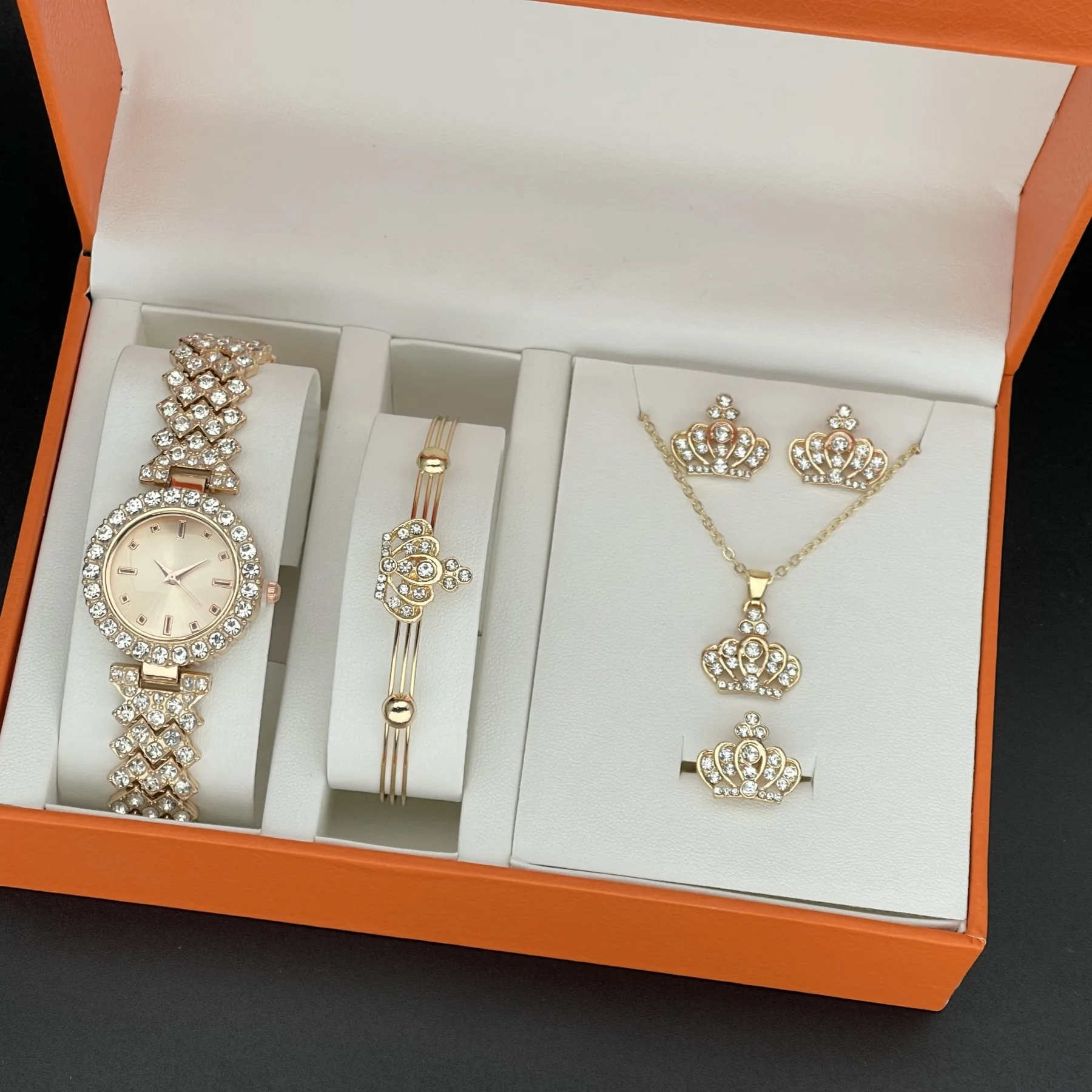 5 шт. комплект, новинка 2025 года, полный бриллиантовый комплект ювелирных изделий для часов, простые темпераментные женские кварцевые наручные часы, модные ювелирные украшения для девочек