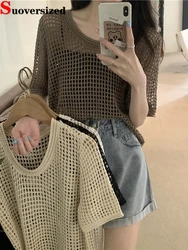 Knitt Hollow Out Chic Cropped T-shirts Elegant Short Sleeve Summer Camisetas Loose Korean Casual Knitwear Tees Female Tops New