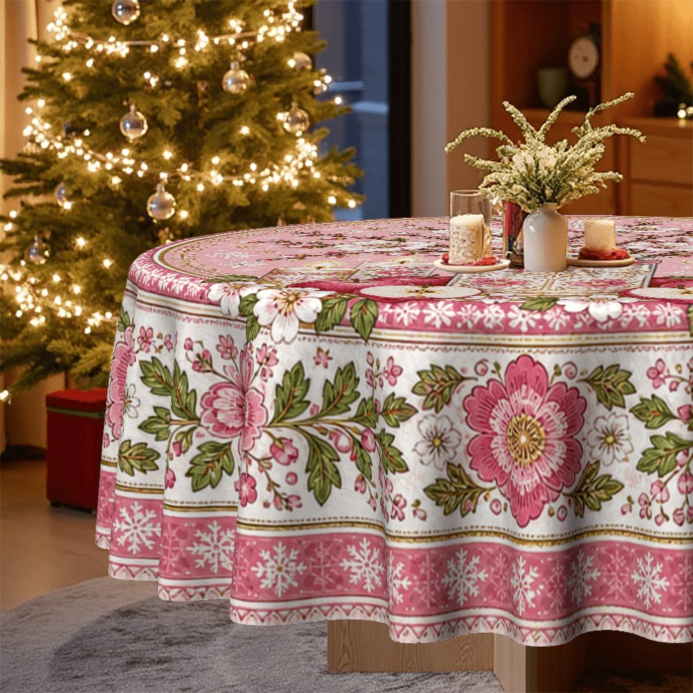 1 round tablecloth, Christmas theme, pink floral pattern with vase,  apples, suitable for family dining and kitchen decoration