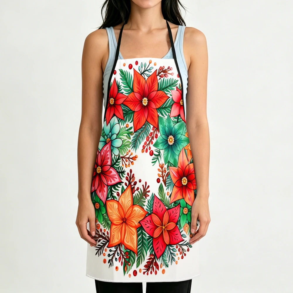 Vibrant Floral Style Apron Red Poinsettia Print Kitchen Aprons Cooking Baking Gardening Adjustable Bibs