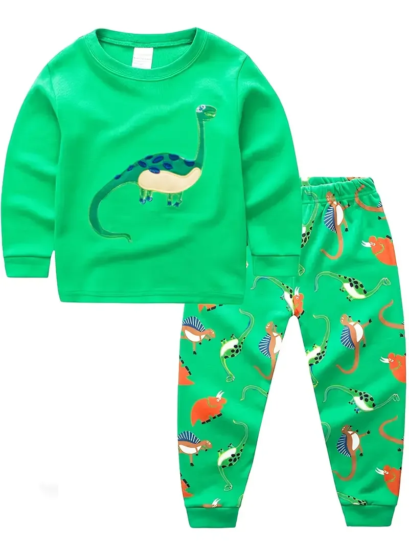 2pcs Boys Casual Carton Dinosaur Printed Pajamas Sets