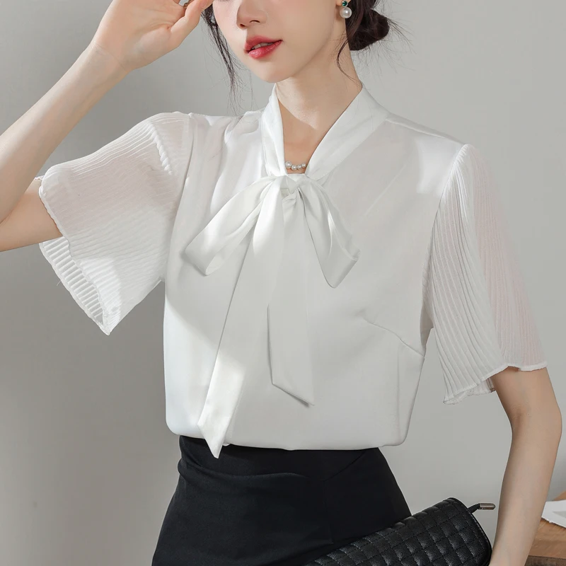 

Trendy White Knot Chiffon irt Women's Summer 2025 New Faionable Profional Korean Design Sense Top