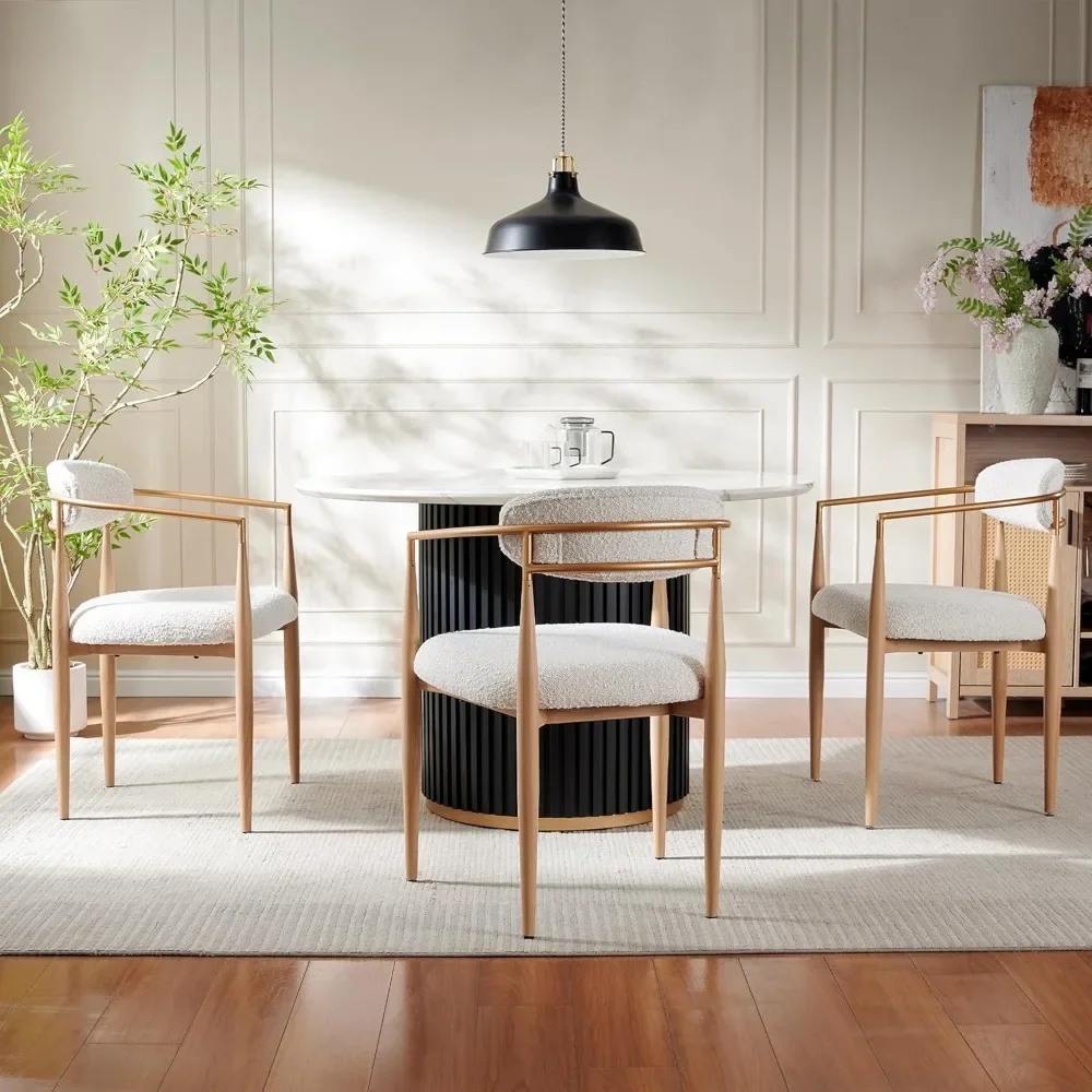 Modern Upholstered Dining Chairs Set of 4, White Boucle Dining Chairs with Arm and Wood Grain Legs for Kitchen, Living Room image 6