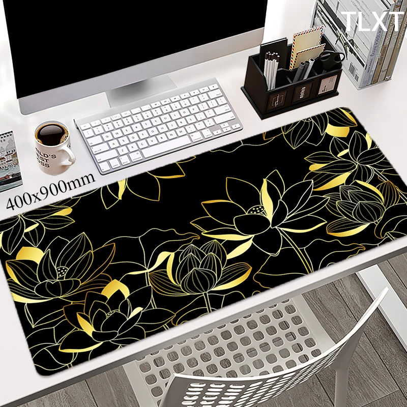 

Lotus Flower Art Black Mousepad Custom Home Computer Desk Mats Laptop Soft Anti-slip Table Large Mouse Pad Stitched Edge Deskpad