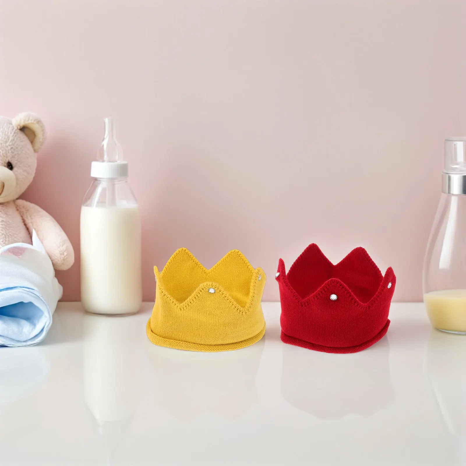 

2Pcs Children Crown Hat Baby Knitted Crown Soft Comfortable Toddler Birthday Party Photo Props Kids Knit Shower Cap