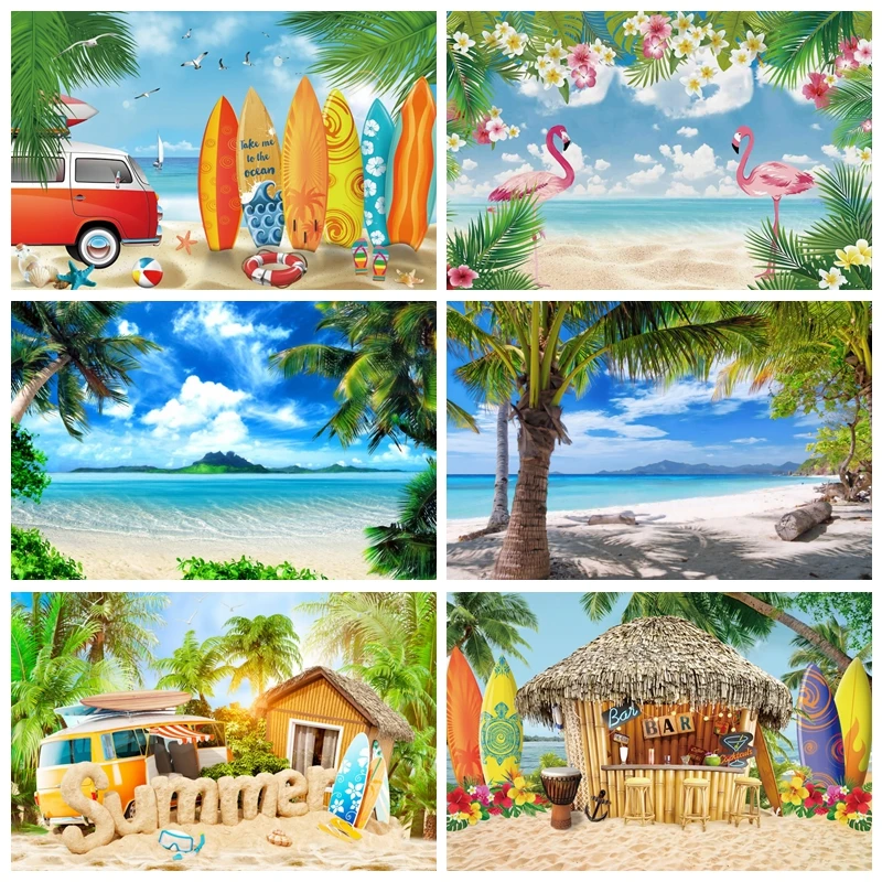 

Tropical Beach Backdrop Summer Hawaiian Photo Backdrops Seaside Camping Surfboard Ocean Palm Flamingo Photography Background