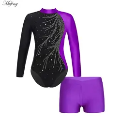 Roupas de dança ballet para meninas, manga comprida infantil, collant de ginástica com shorts, conjunto dancewear, macacão ioga