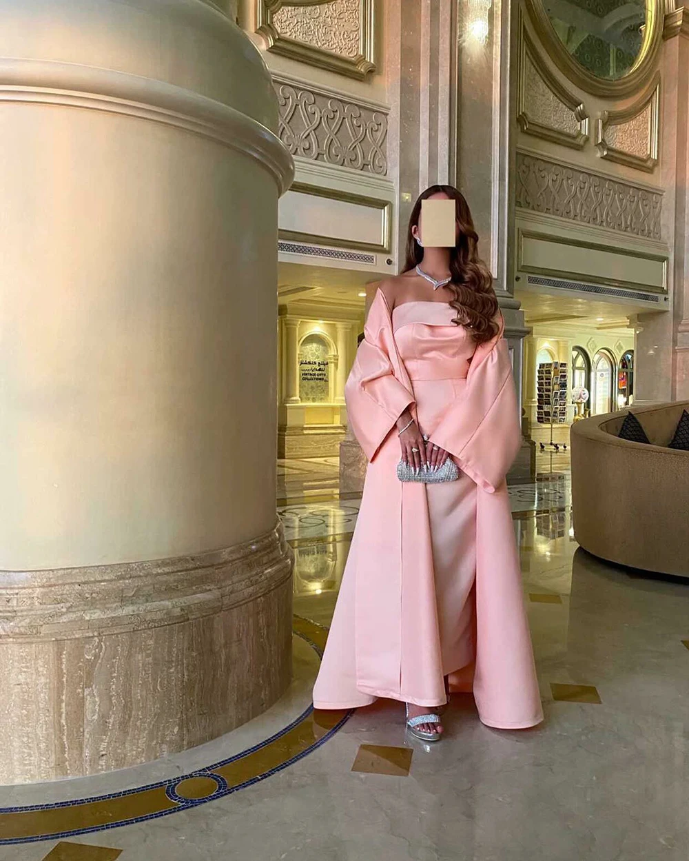 Msikoods Saudi Arabic Women Evening Dress Jacket Maxi Prom Gown Long Sleeves Pink Satin Wedding Party Dress Bespoke Formal Dress