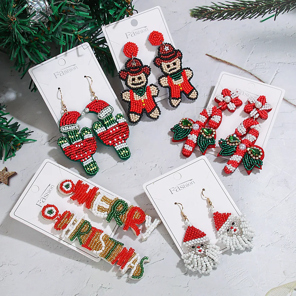 

Beaded earrings Fabric Christmas Christmas hat, green cactus Santa Claus Hand weaving Tassels Alloy Female Rice bead earrings