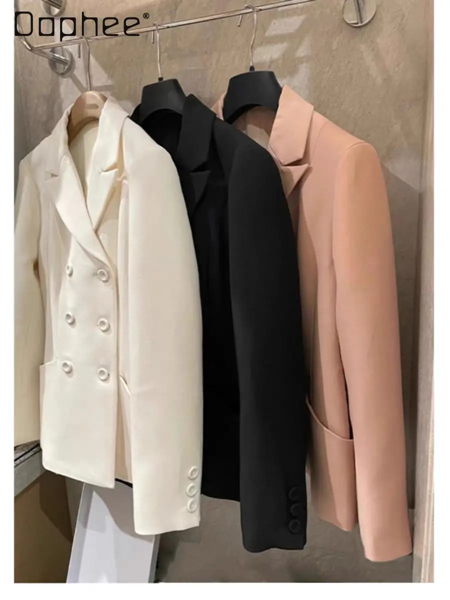 European Classic Elegant Fashion Slim Commuter Style Double-Breasted Solid Color Versatile Cross Collar Long Sleeve Blazer Coat