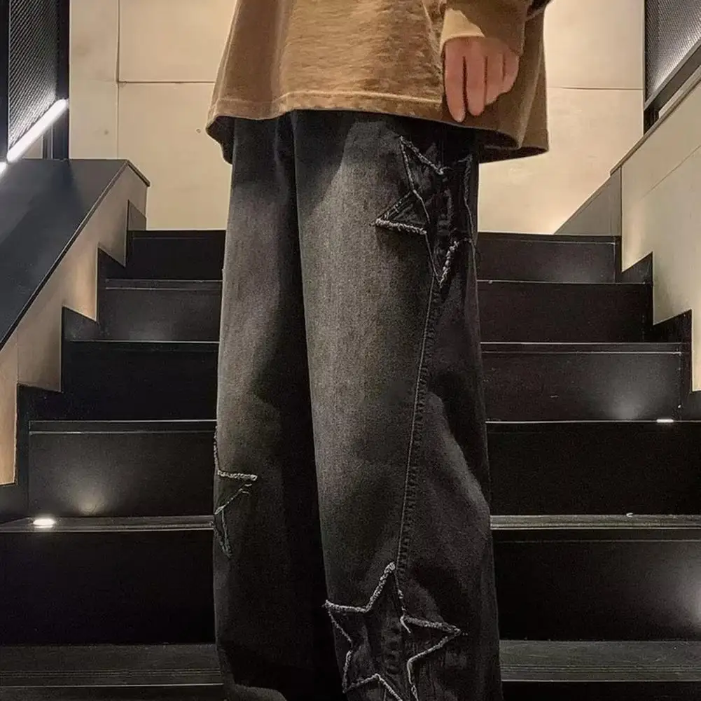 Vintage Men Korean Blue Streetwear Oversize Star Aesthetic Straight Trousers Wide Leg Jeans Grunge Denim Pants Women Clothes