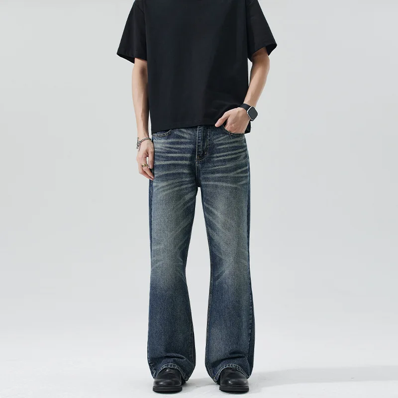2026 American Men's Washed Casual Trendy Simple Basic Daily Dark Blue Flare Denim Trousers Male New Fashion Jeans Pants Clothes