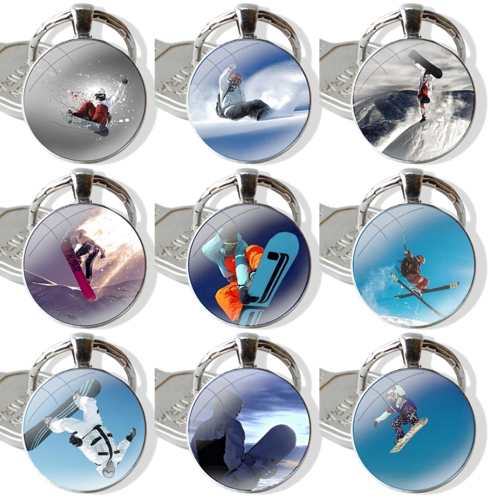 Cool Sports Snowboarding Keychain Handmade Glass Cabochon Key Ring Holder Pendant Key Chains