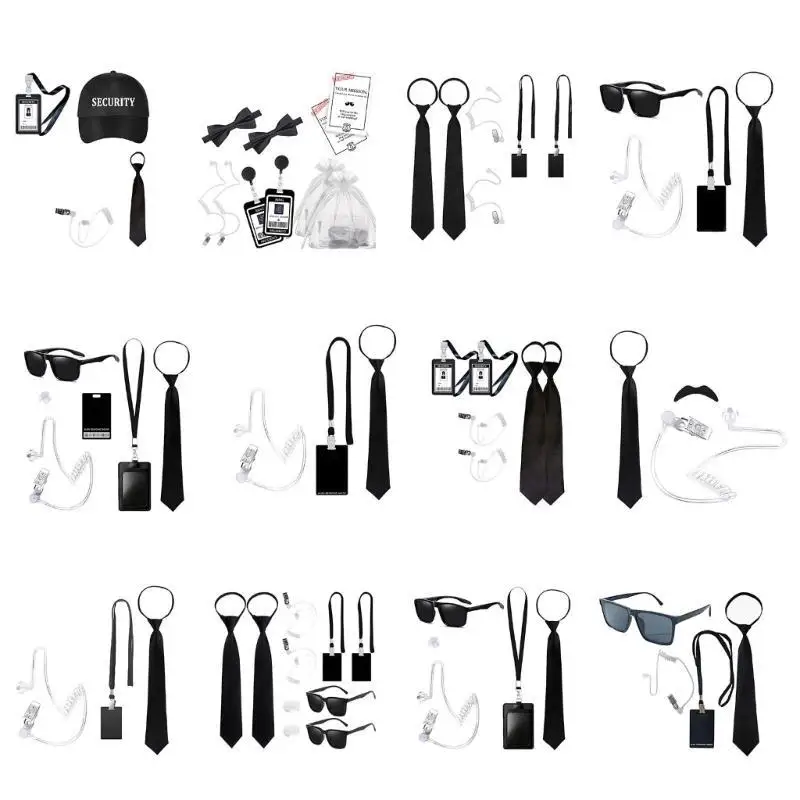 Secret Security Guard Costume Accessories For Adult Kid Secret Agent Cosplay Costume With Glasses Earpiece Neck Tie