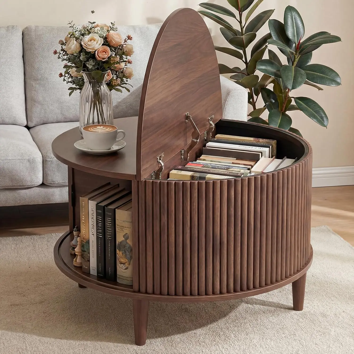 

Round Coffee Table with Storage, Mid-Century Modern Design, Sliding Cabinet Door, Rustic Wood Finish for Living Room