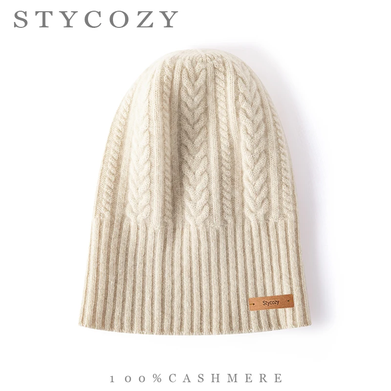 Unisex 100% Pure Cashmere Spike Cable Seamless Knit Hat Reversible Cuff Round Beanie Warm Ear Cover Skull Cap for Autumn Winter