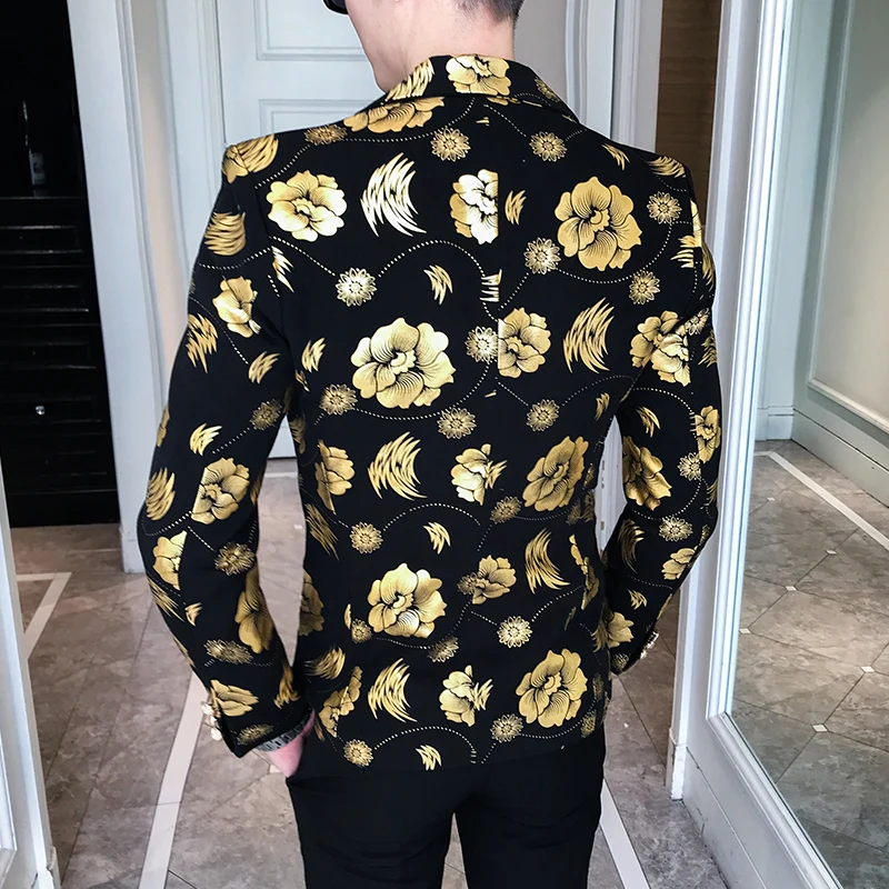 Men Golden Flower Print Blazers 2023 Autumn Formal Dress Tuxedo Casual Slim Fit Suit Jacket / High Quality Fashion Men Clothing