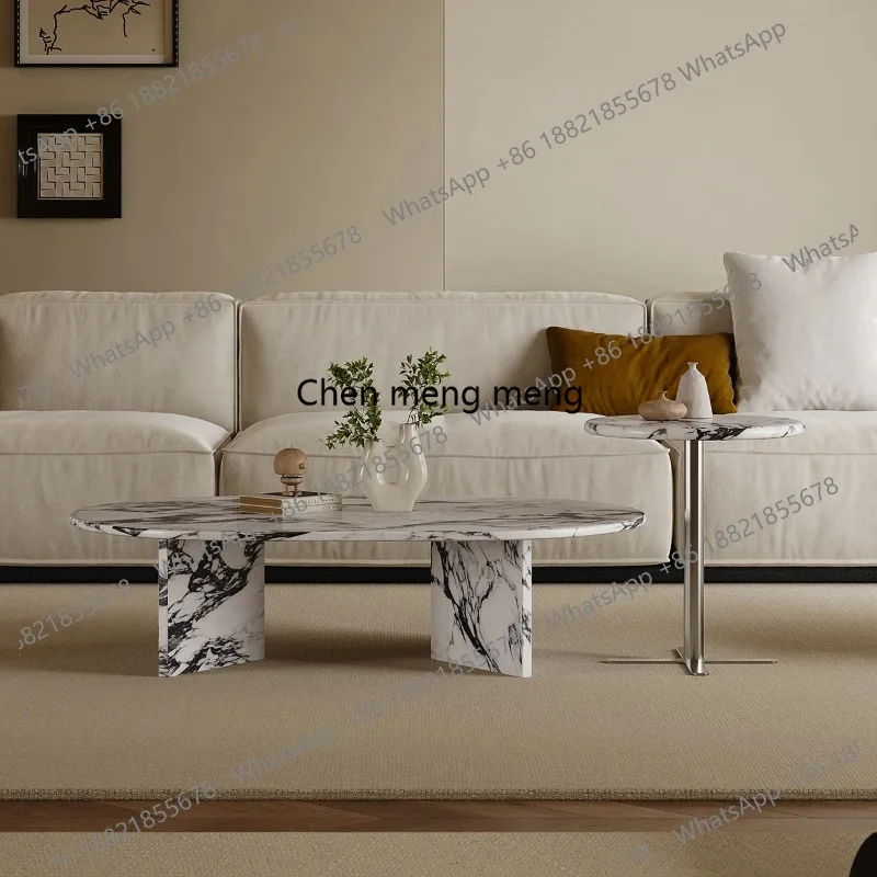French Cream Marble Coffee Table, Round Vintage Luxury Designer End Table for Living Room, Modern Natural Stone Table​