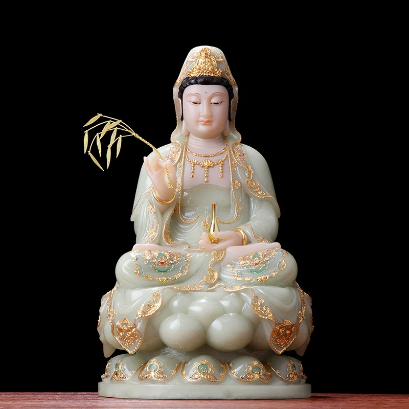 high-grade jade gilding Avalokitesvara Guanyin Buddha home Temple efficacious Talisman Mascot carving Sculpture statue Large