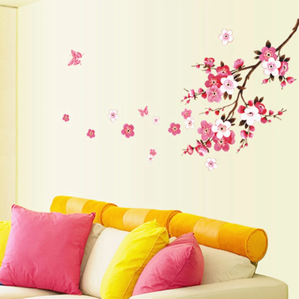 

Removable Pink Color Butterflies Peach Blossom Pattern Wall Sticker for Living Room Bedroom Home Decoration