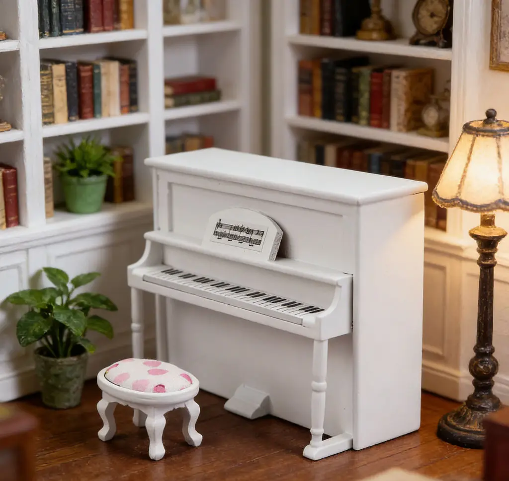 1:12 Dollhouse Miniature Upright Piano Set - Piano & Stool, 3-Color Options, Micro Scene Furniture Decor for Dollhouse