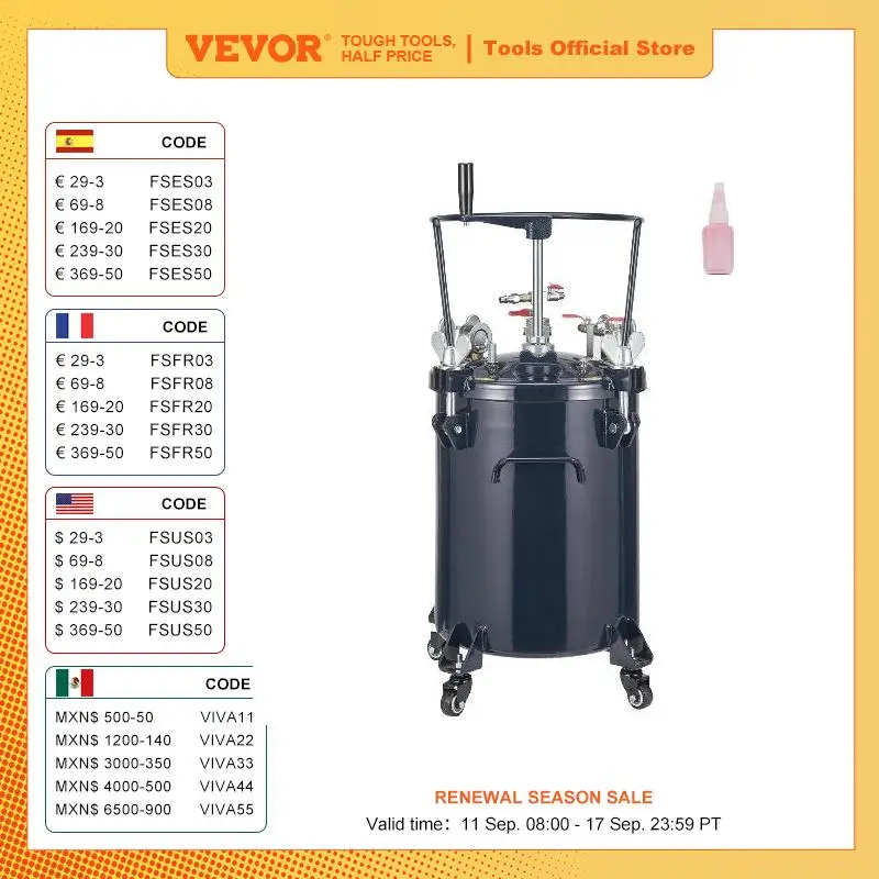 VEVOR 30L Spray Paint Pressure Pot Tank Air Paint Pressure Pot Metal Rack Leak Repair Sealant for Industry Home Construction