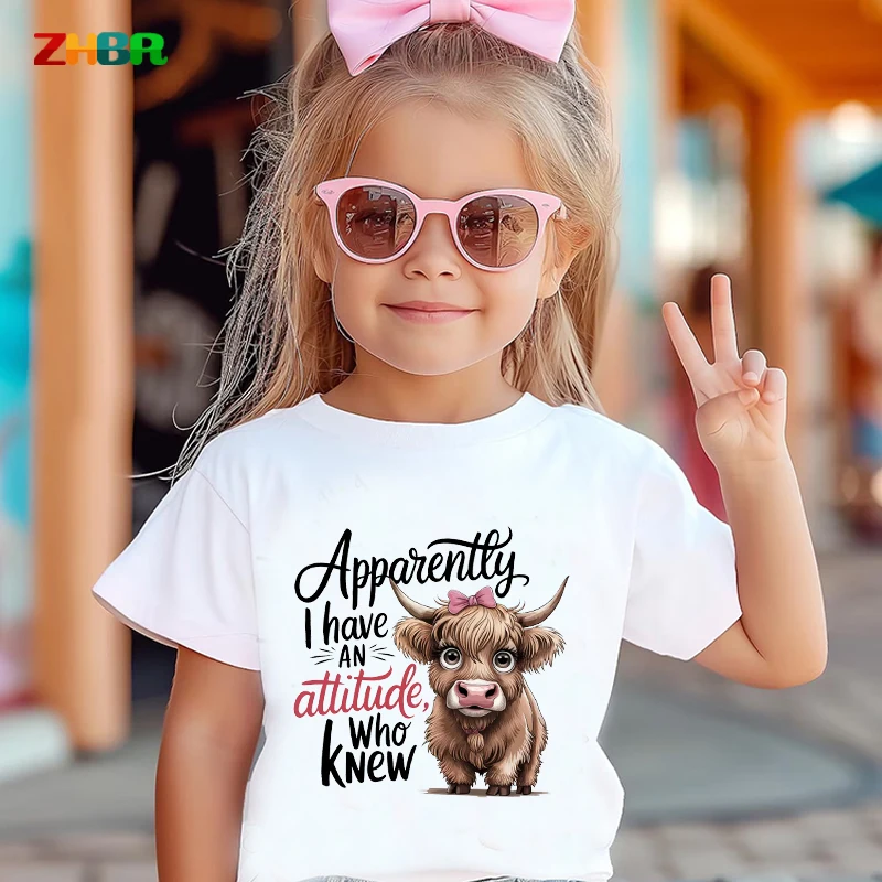 Kids TShirt Summer Funny Girls Highland Cow Kids T-Shirt Cute Girls Casual Cotton Short Sleeve Top Children Clothes T Shirt
