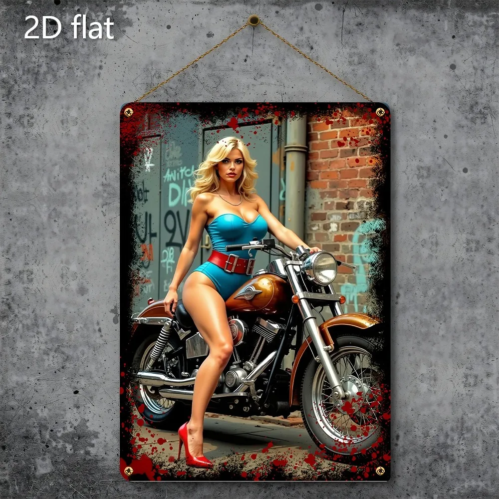 Retro Motorrad Metall-Wandkunst, Blau gekleidete blonde Fahrerin auf rotem Motorrad, Vintage Garagendekoration, Robustes Metall, einfach aufzuhängen