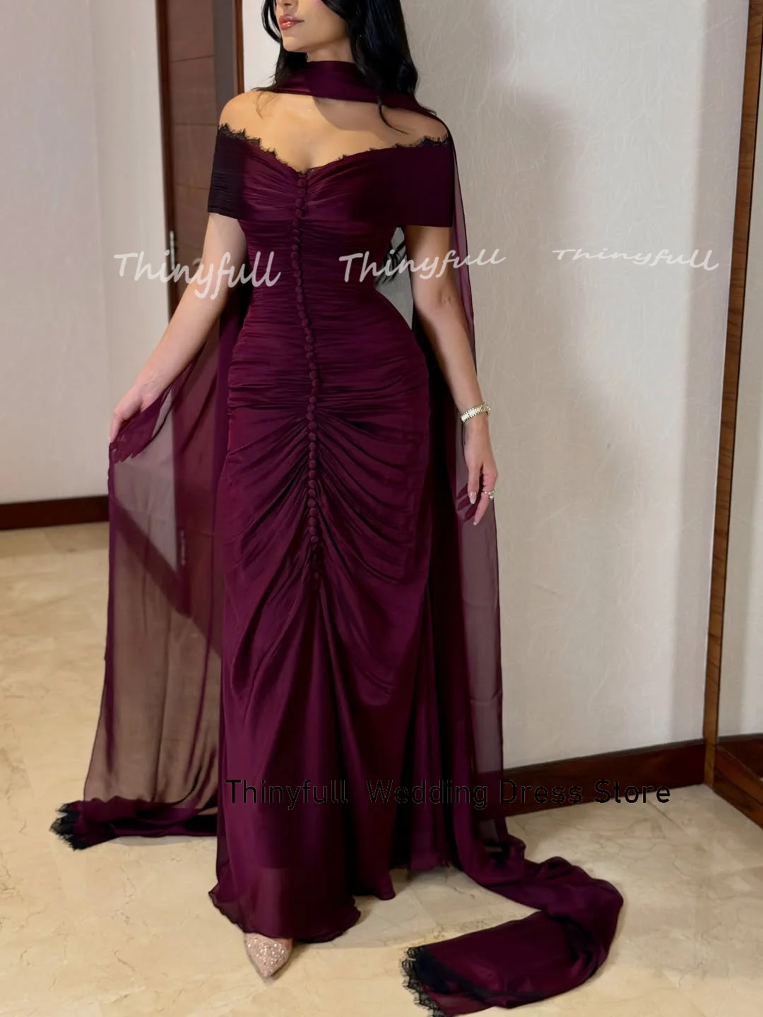 Thinyfull Chiffon Mermaid Prom Dresses Sleeveless Off Shoulder Evening Dress Ruched Long Party Gown Robe De Soirée Customized