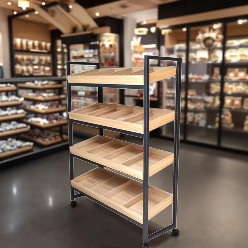 High Quality 4 Tiers Bread Display Stand Wood Steel Bread Rack for Bakery Store Commercial Retail Display