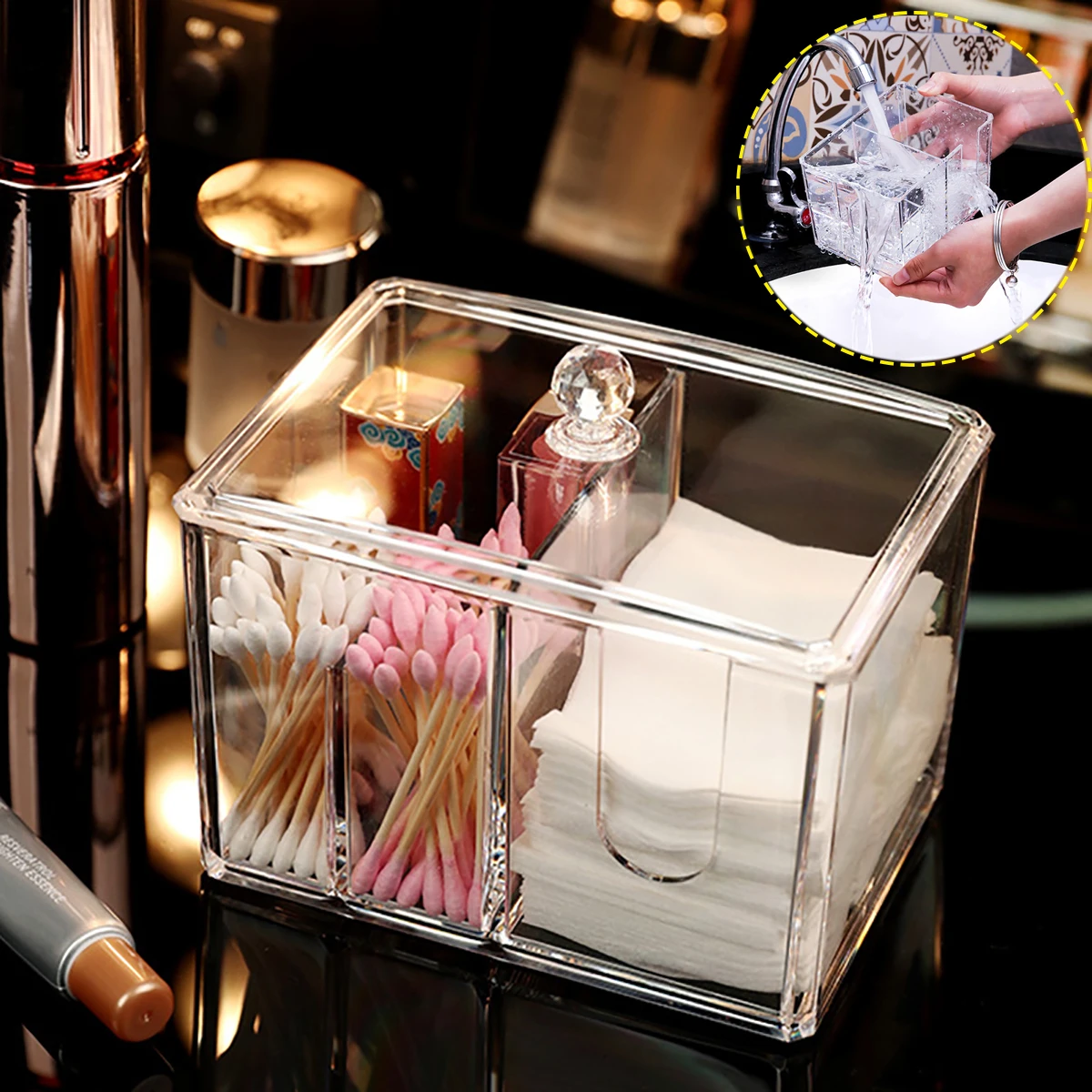 

1pcs Acrylic Cosmetic Cotton Portable Plastic Storage Box Crystal Cosmetic Storage Box with Lid Makeup Organizer