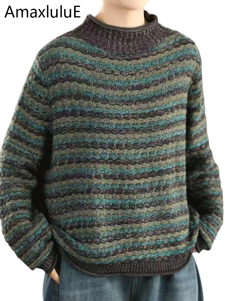 

Amax LuluE Winter Korean Pullover Womens Fashion Loose Striped Sweaters Ladies Casual Oversized Turtleneck Warm Knitted Jumpers
