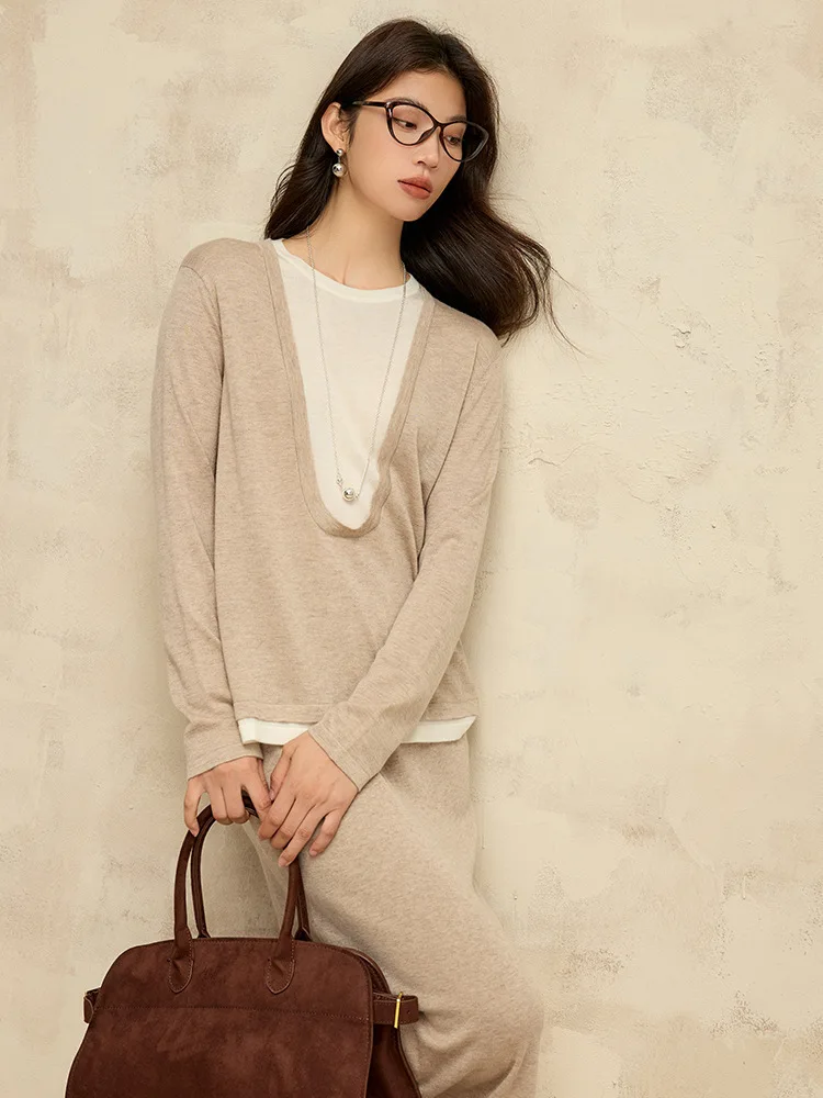 Jesienny sweter wełniany z efektem dwuczęściowego stroju, z dekoltem w kształcie litery U, damski, blokowy, luźny, z długim rękawem, dzianinowy pulower.