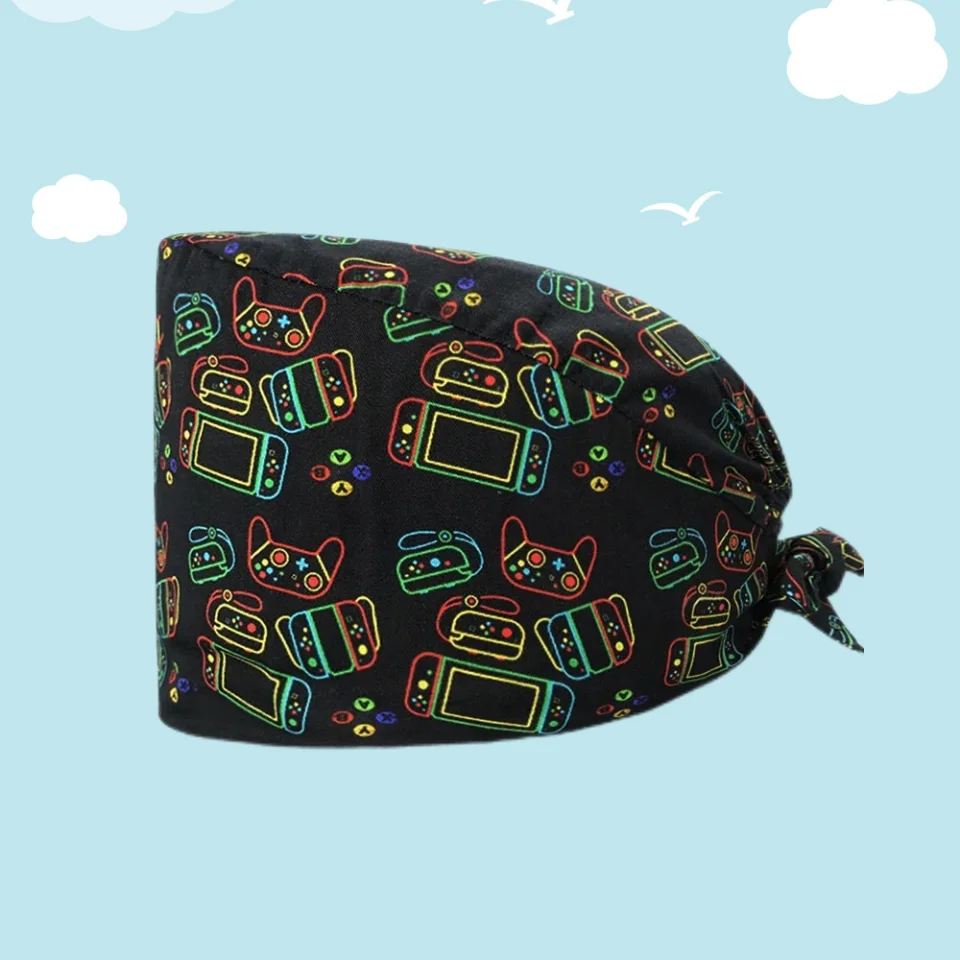 Commercio all'ingrosso 100% cotone stampa cartoon donne mediche cappelli da infermiera estetica regolabile cappello scrub negozio di animali laboratorio unisex scrub cap