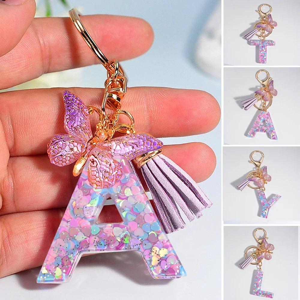 A To Z Purple Heart Filled Letter Keychain Women Wallet Charms 26 Initials Alphabet Butterfly Tassel Pendant Key Rings Accessory