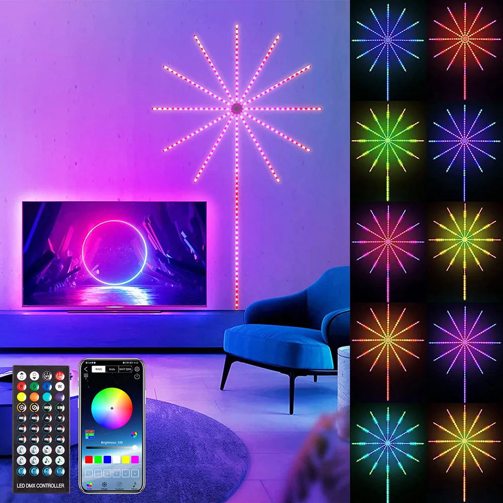 

Smart Fireworks LED Strip Light Music Sound Sync RGB Color Changing Bluetooth APP Remote Control Firework Lights Party Decor