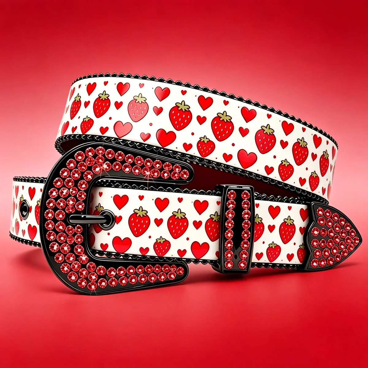 

Strawberry Red Heart Print Rhinestone Waist Belt Sweet Y2K Unisex Fashion Accessory for Men Women Daily Casual Outfits
