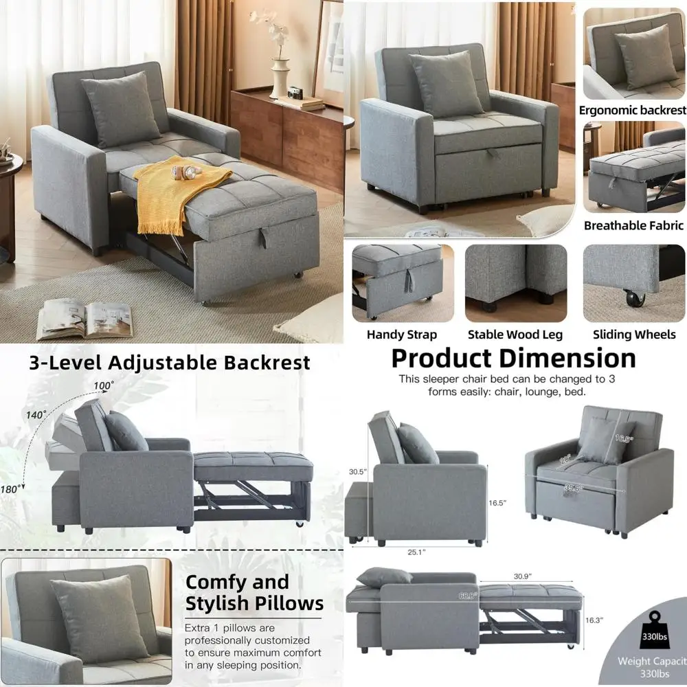 Convertible Sofa Bed with Pull-Out Sleeper and Reclining Backrest, 3-in-1 Futon Couch in Light Gray for Versatile Seating Option