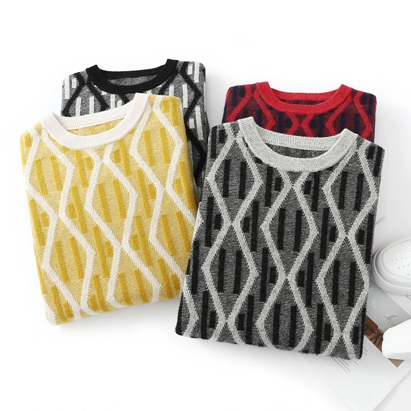 Fall/Winter 100% Pure Wool Men's Sweater Round Neck Thickened Diamond Color Matching Knitted Loose Cashmere Sweater Bottom