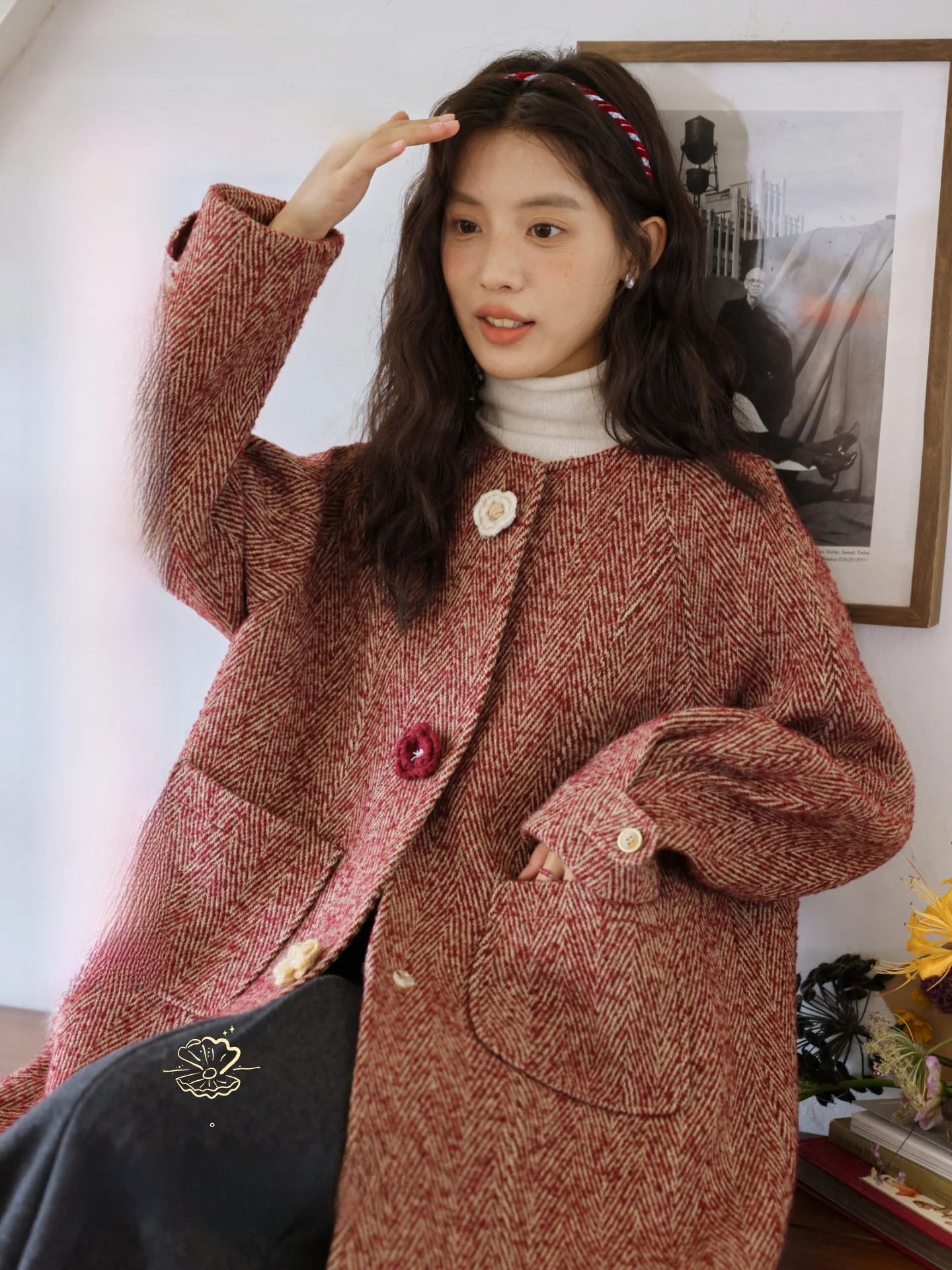 

Nov Et Red Wedding Coat Women's Knitwear round Ne Hook Pattern Tweed Jaet Long Sve Vintage Sle Casual Outerwear
