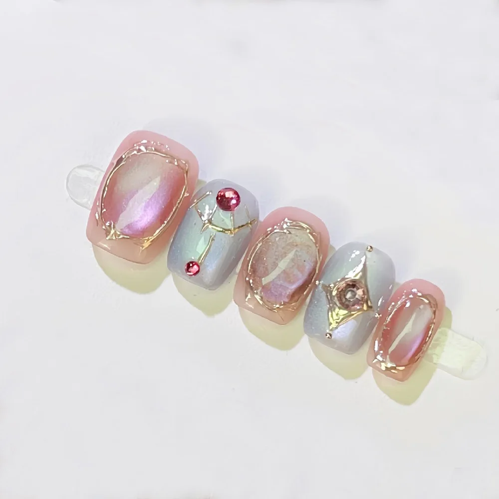 

10pcs Short Square Handamde Press on Nails Retro Exotic Press-On Nail Gilded Relief Cat's Eye Full Coverage Nail Tips for Women