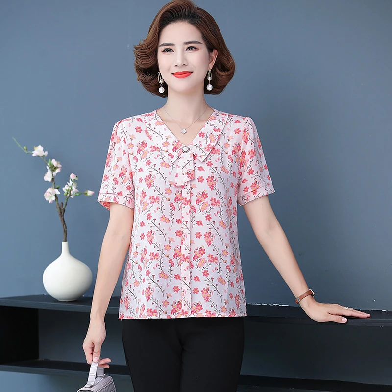 Middle-aged mother print Slim Shirt New Summer Lapel short sleeves Loose Blouse Female 5XL Top