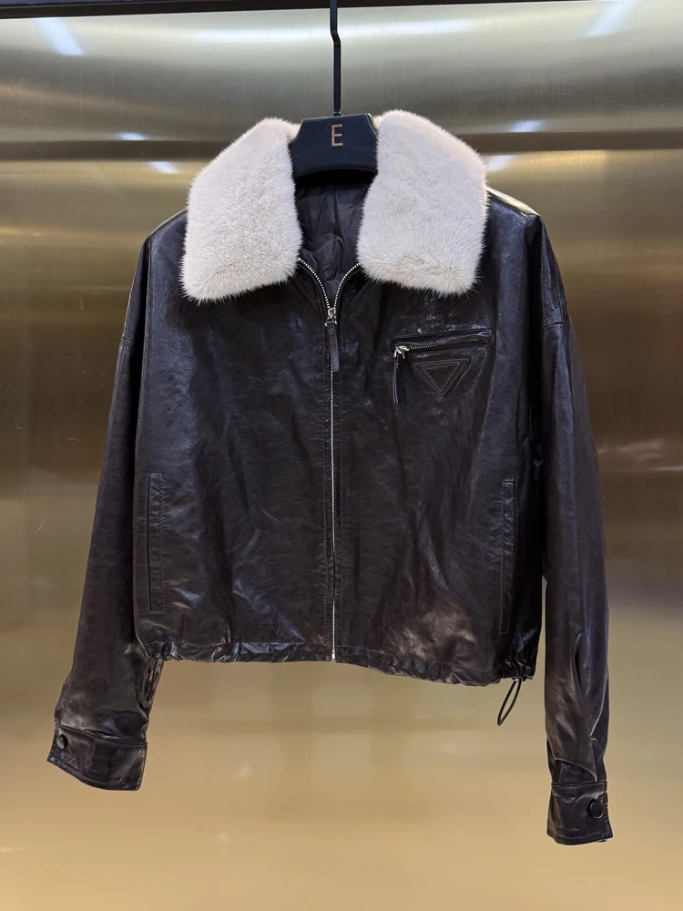 

Winter 2025 Women's Casual Style Sheepskin Coat with Goose down Inner Liner Large Fur Collar Rope Drawstring Jacket