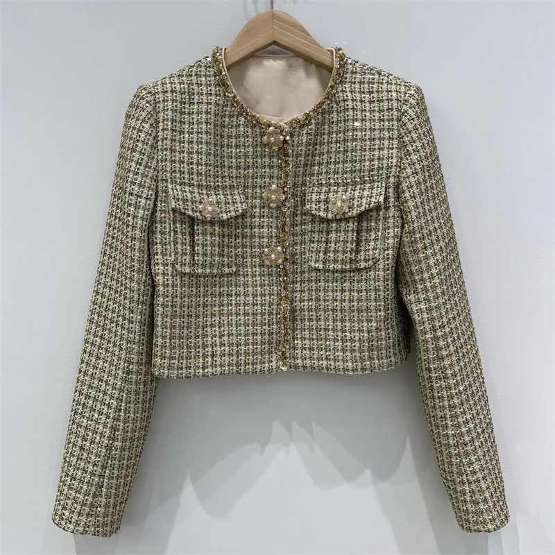 Women\'s jacket 2024 autumn new in outerwears Fashion button decoration women\'s coat Golden checkered tweed long sleeved top y2k